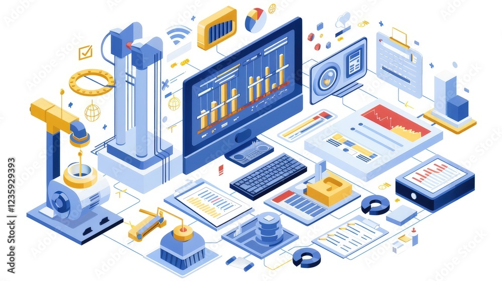 Modern Industrial Workspace with Data Analysis and Mechanical Tools Modern Industrial Workspace with Data Analysis and Mechanical Tools