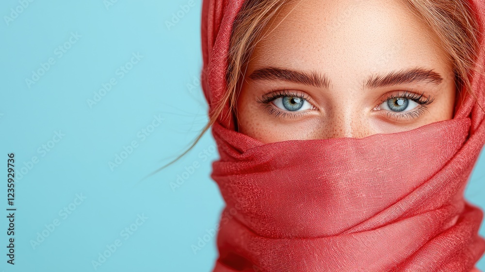 Fototapeta premium Woman's eyes peek from red scarf, blue background