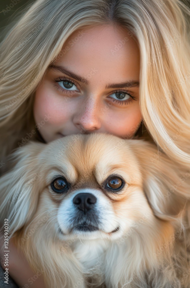 Portrait of beautiful blonde young woman and her pet cute Pekingese dog. Portrait of beautiful blonde young woman and her pet cute Pekingese dog.