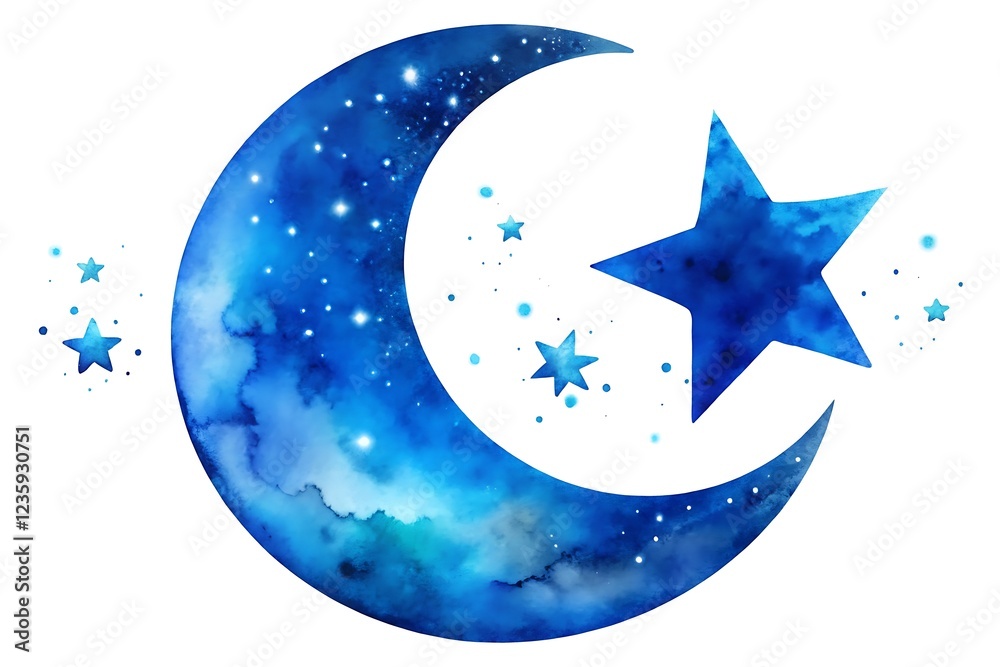 Obraz premium Watercolor illustration of a blue crescent moon and stars on white background