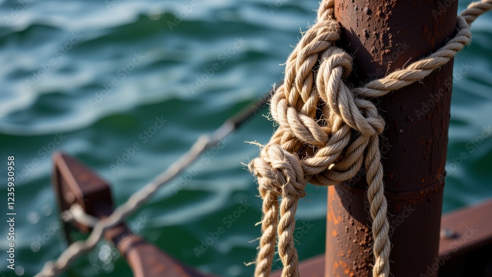 Fototapeta premium Close up of Nautical Rope Knot Tied to Rusty Metal Post by Water