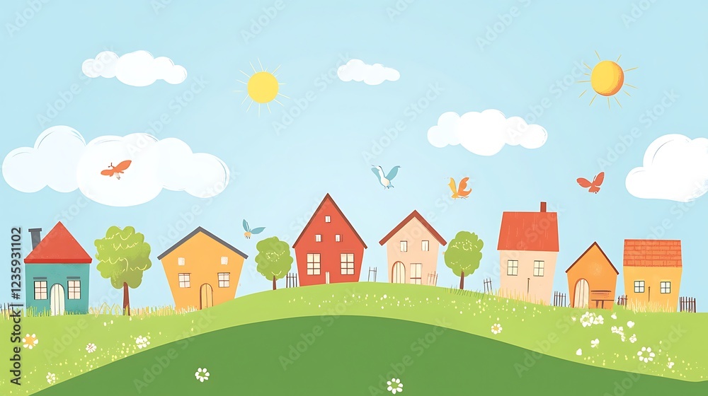 Naklejka premium Cute cartoon houses on a hill, sunny day, peaceful village scene, children's illustration, educational resource