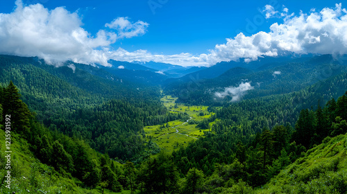 Mountain valley panorama, lush green landscape, clouds, scenic view, nature travel