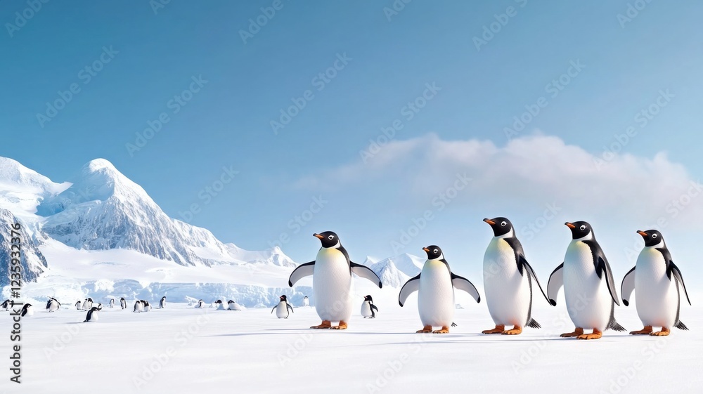 Fototapeta premium A group of penguins waddles across a snowy landscape, set against a backdrop of icy mountains and a clear blue sky.