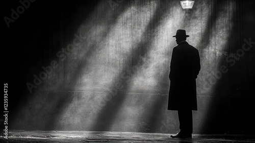 Mysterious man, alleyway, night, shadows, film noir style, website background