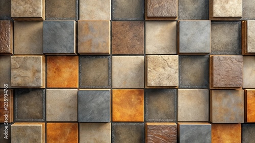A geometric pattern of square tiles with various natural stone textures, featuring colors ranging from deep browns to light creams, creating a minimalist and elegant design.