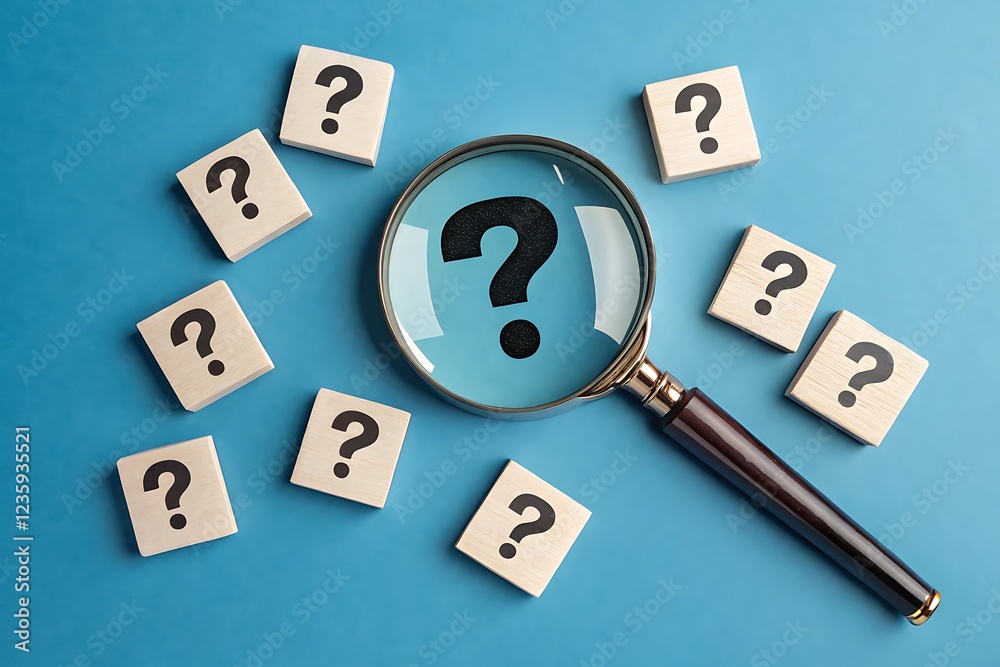 A magnifying glass above a big question mark surrounded by smaller ones on blue backdrop A magnifying glass above a big question mark surrounded by smaller ones on blue backdrop