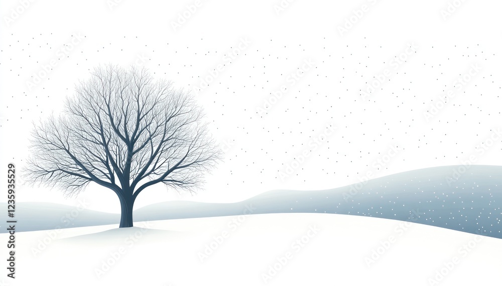 Fototapeta premium Winter Landscape Featuring a Bare Tree in Snowy Hills