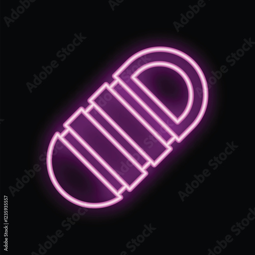 Bright pink neon sleeping bag glowing on dark background, concept for camping, hiking or outdoor activities