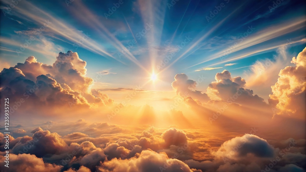 Golden rays of sunlight pierce through a sea of clouds, illuminating the heavens with ethereal glow. Golden rays of sunlight pierce through a sea of clouds, illuminating the heavens with ethereal glow.