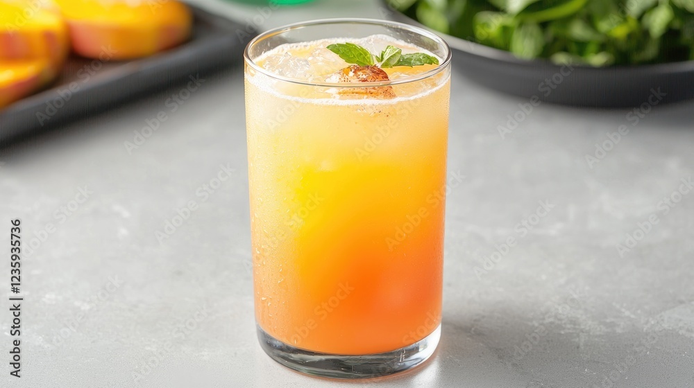 Mango sunrise cocktail, summer drink, grey background Mango sunrise cocktail, summer drink, grey background