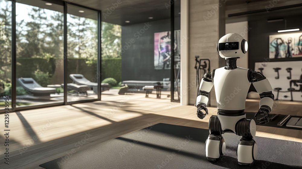 Humanoid robot personal trainer guiding fitness workouts in a spacious home gym, exercise-focused environment with distant view of workout equipment and motivational fitness posters Humanoid robot personal trainer guiding fitness workouts in a spacious home gym, exercise-focused environment with distant view of workout equipment and motivational fitness posters