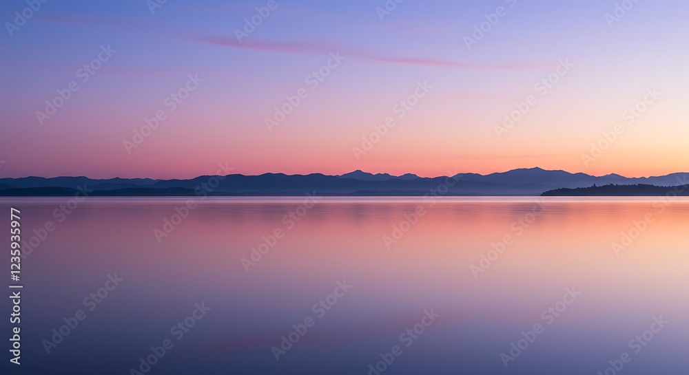 Serene Sunset Lake Landscape with Mountain Silhouette Serene Sunset Lake Landscape with Mountain Silhouette