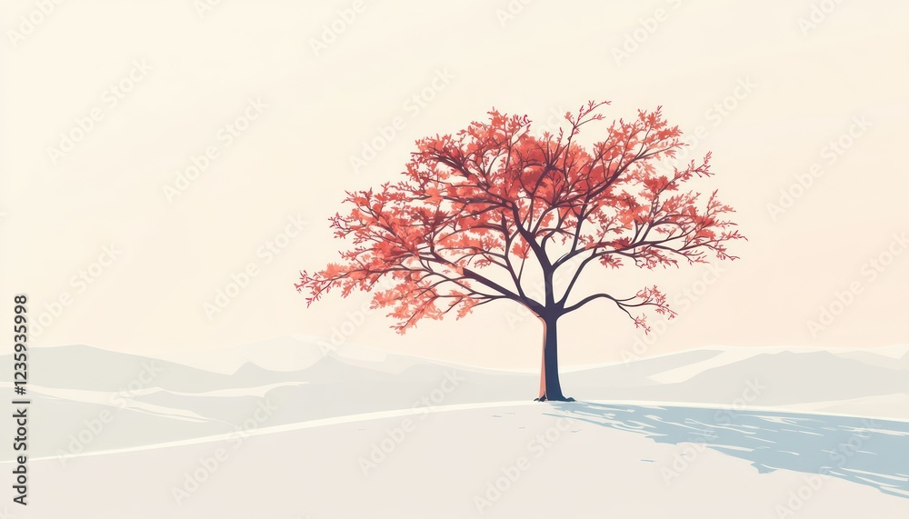 Solitary Tree in Winter Landscape with Red Leaves Solitary Tree in Winter Landscape with Red Leaves