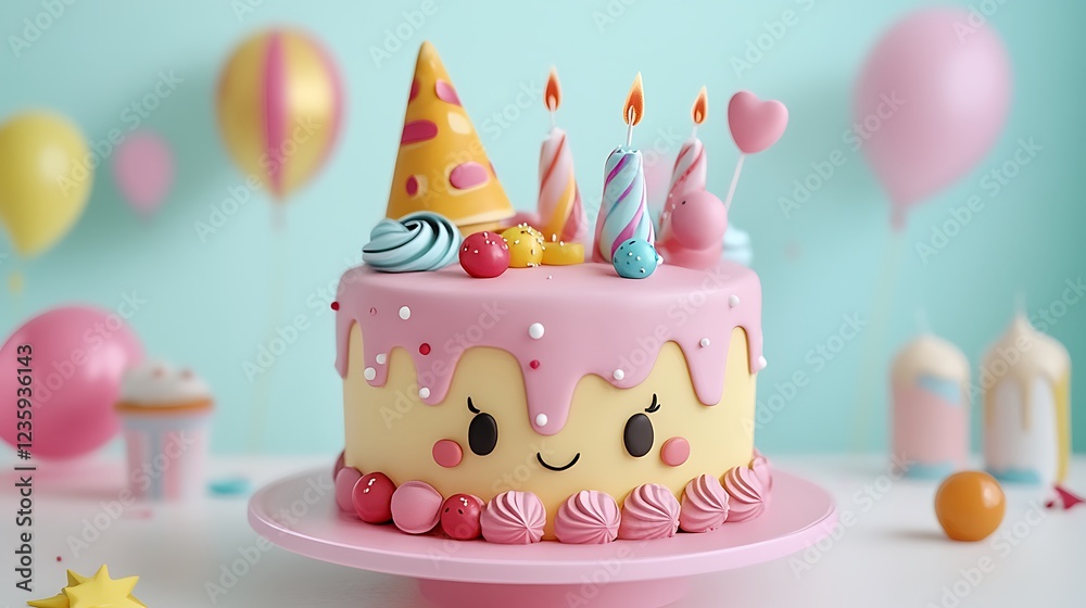 Cute cartoon birthday cake with decorations Cute cartoon birthday cake with decorations