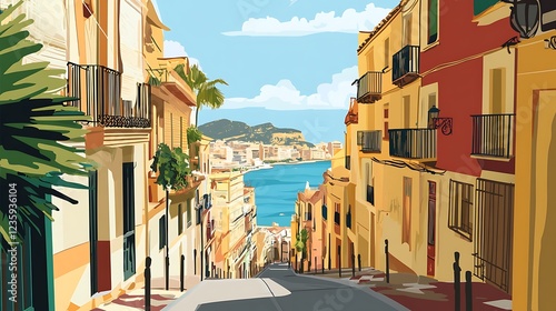 Colorful Mediterranean alleyway overlooking the harbor. Possible use Stock photo for travel or tourism photo