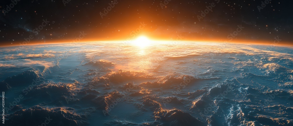 Sunrise over earth’s horizon outer space digital cosmic environment aerial view serenity Sunrise over earth’s horizon outer space digital cosmic environment aerial view serenity