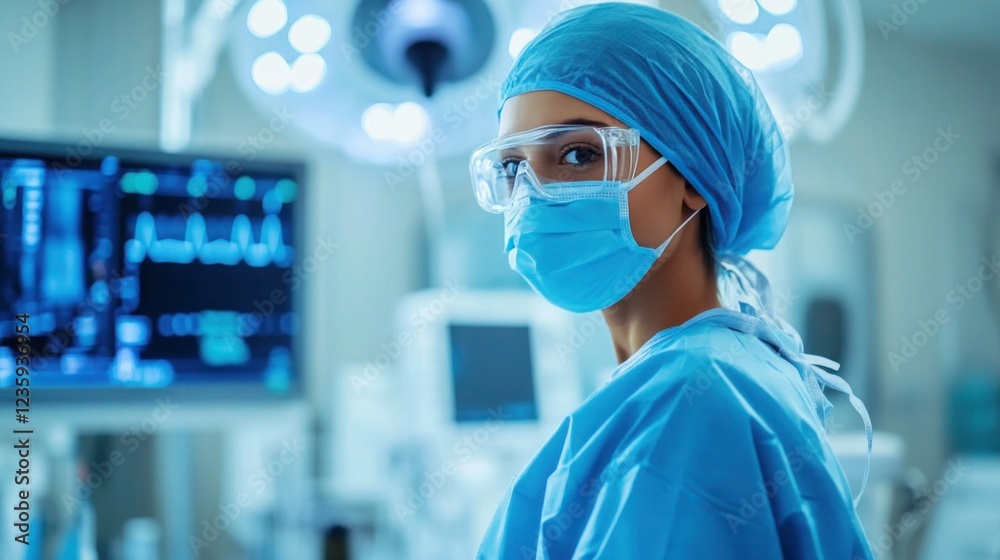Surgeon in scrubs and a mask preparing for an operation in a high-tech operating room Surgeon in scrubs and a mask preparing for an operation in a high-tech operating room