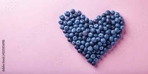 A heart shape crafted from blueberries, a delightful and sweet arrangement on a delicate pink background.