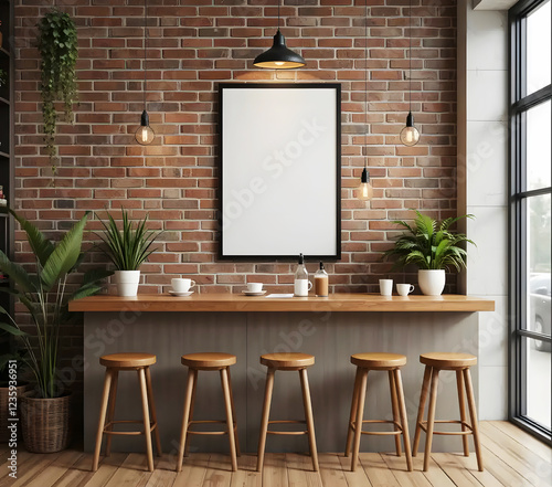 Frame mockup, ISO A2 size. Dining room wall visual mockup. Interior mockup with vibrant background. Contemporary interior design