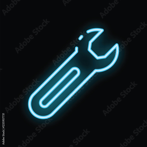 Blue neon wrench glowing on a black background