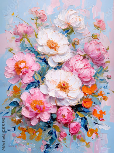 A vibrant bouquet of white and pink flowers, captured in a painterly style, Oil painting