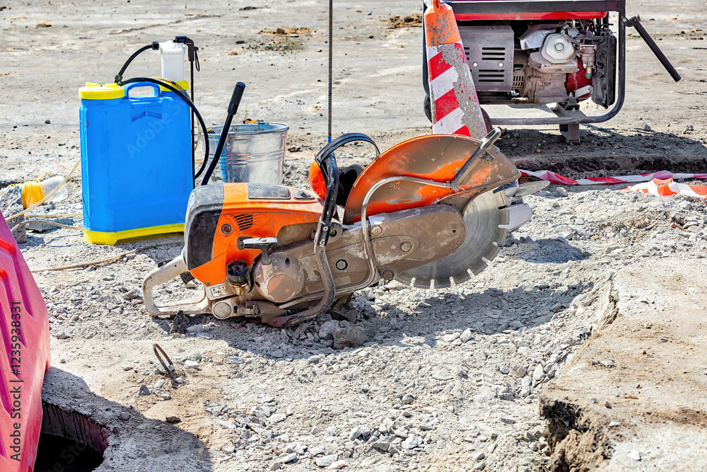 Construction tools in action at a worksite under the bright sun