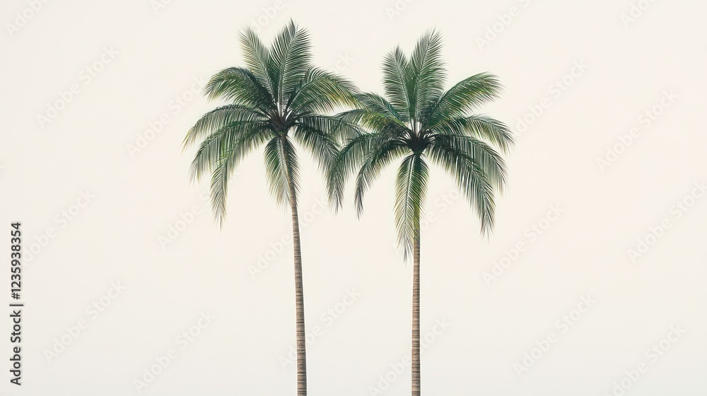 Fototapeta premium Two palm trees against a bright sky; tropical vacation background