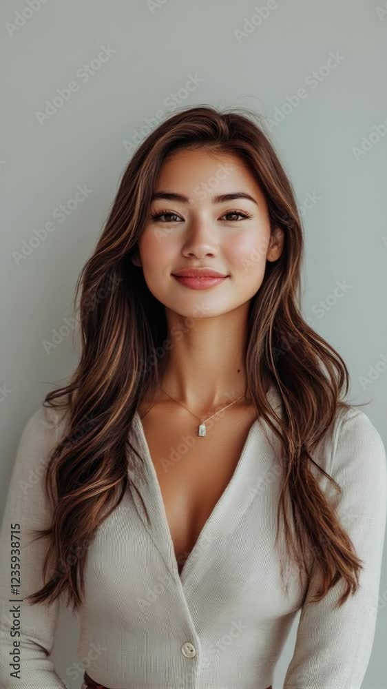 Portrait of a Confident Young American Woman with Long Brown Hair, Smiling Gently in a Beige Cardigan
