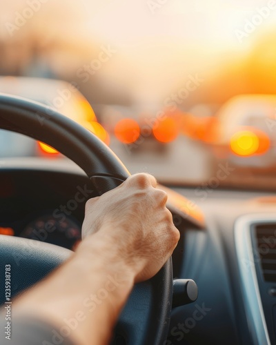 Hand on Steering Wheel in Traffic during Sunset Drive