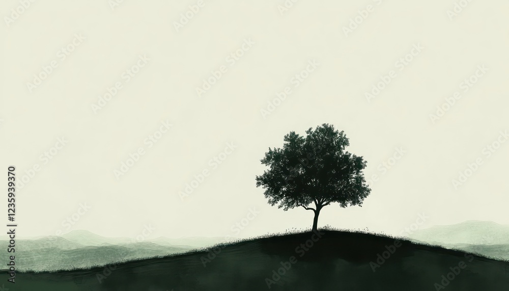 Fototapeta premium Solitary Tree on Hilltop Amidst Misty Mountains