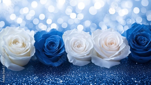 Elegant Blue and White Roses on Glittering Background