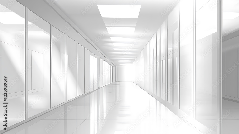 Obraz premium Empty modern white hallway, bright light, spacious interior, architectural design, stock photo