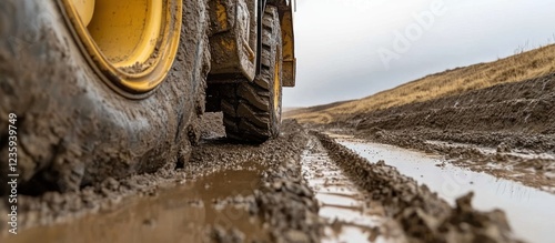 Mud-caked tire of heavy machinery on a muddy, rutted road. photo