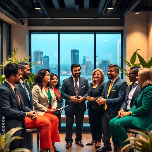 Todos los empleados hispanos vestidos de traje están hablando en la oficina.