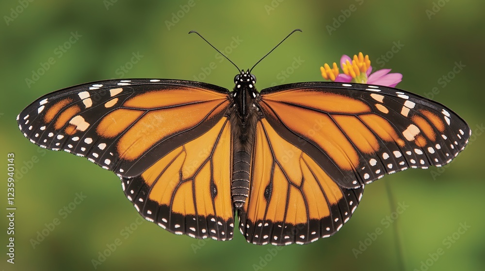 Fototapeta premium Orange Black Butterfly on Pink Flower Green Background