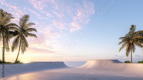 A skate park with palm trees in the background