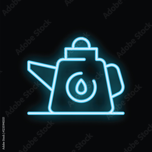 Blue neon sign depicting an oil can, isolated on a black background, evoking concepts of industry, fuel, and lubrication