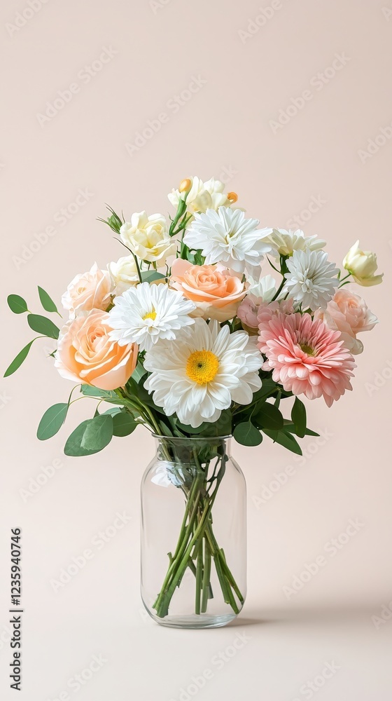 Fototapeta premium Beautiful flower arrangement in a glass vase on a soft pastel background natural light crisp details Realistic photograph