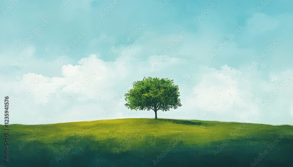 Solitary Tree on a Verdant Hill Under a Pale Sky Solitary Tree on a Verdant Hill Under a Pale Sky