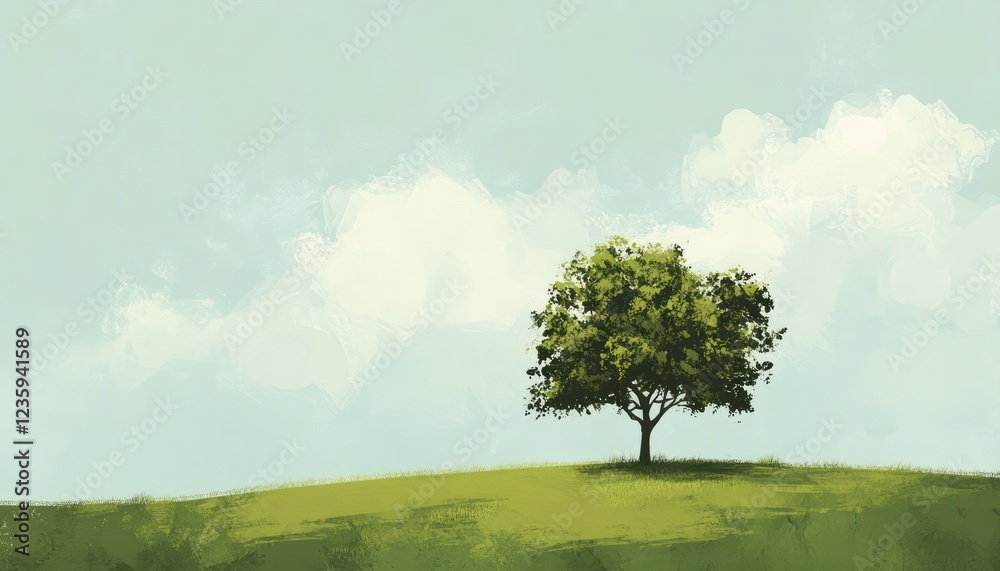 Solitary Tree on a Gentle Green Hill Under a Pale Sky Solitary Tree on a Gentle Green Hill Under a Pale Sky