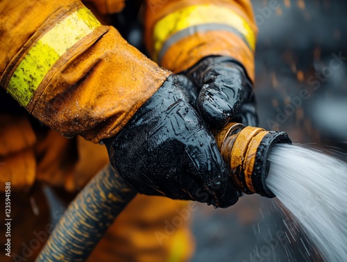 A firefighter grips a water hose, ready to combat flames, showcasing protective gear and the intensity of firefighting efforts. photo