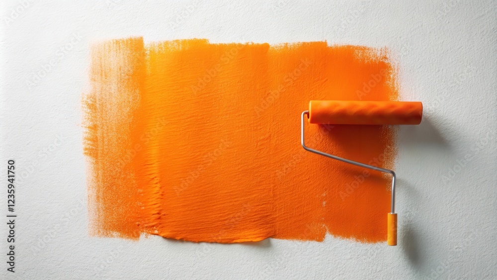 Obraz premium A close-up of a paint roller leaving a bright orange stripe on a white wall.