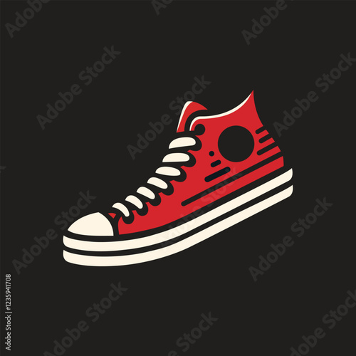 a red and white shoe on a black background