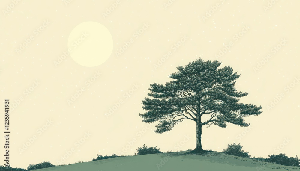 Obraz premium Solitary Pine Tree Under a Pale Moonlit Sky