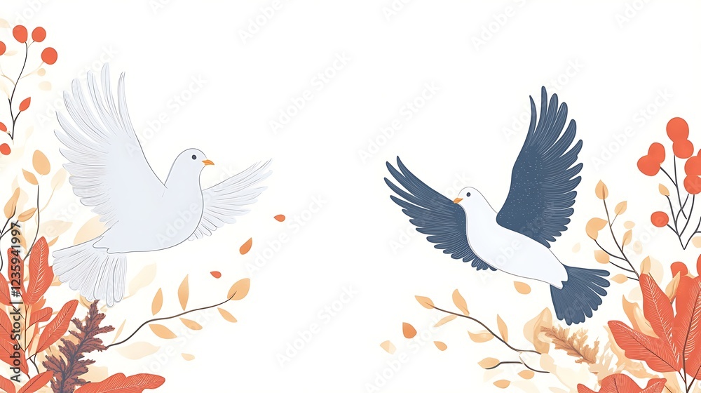 Obraz premium Two doves flying amidst autumn leaves. Possible use for greeting card