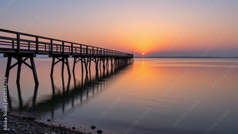 Obraz premium Serene Sunrise over Calm Water with Long Pier Extending to Horizon