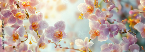 Floral banner with orchid flowers in sunshine
