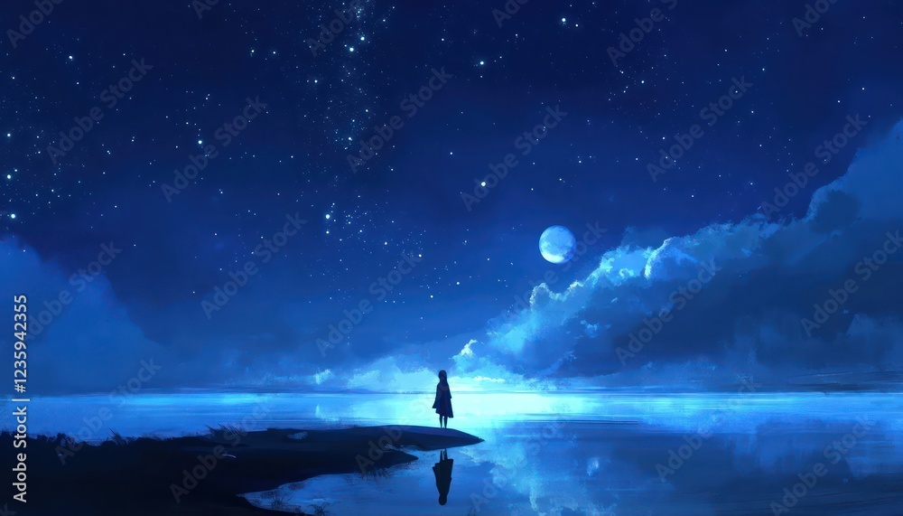 Fototapeta premium Solitary Figure Gazing at Night Sky Over Calm Water