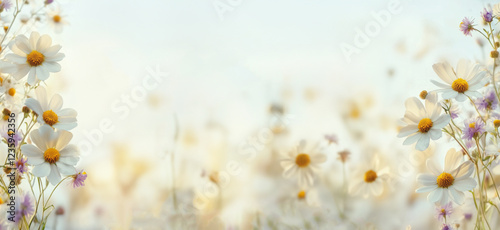 Summer floral banner with white daisy flowers field at sunny bokeh background